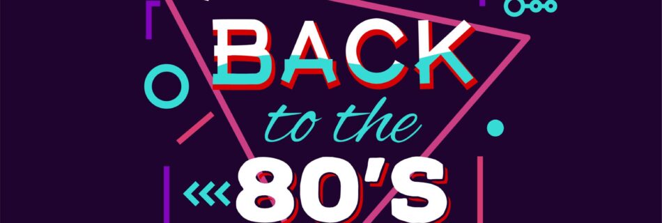 Retro style back to eighties print for T-shirt or other uses. Vintage neon 80's or 90's text. Purple and pink colors, abstract shapes.