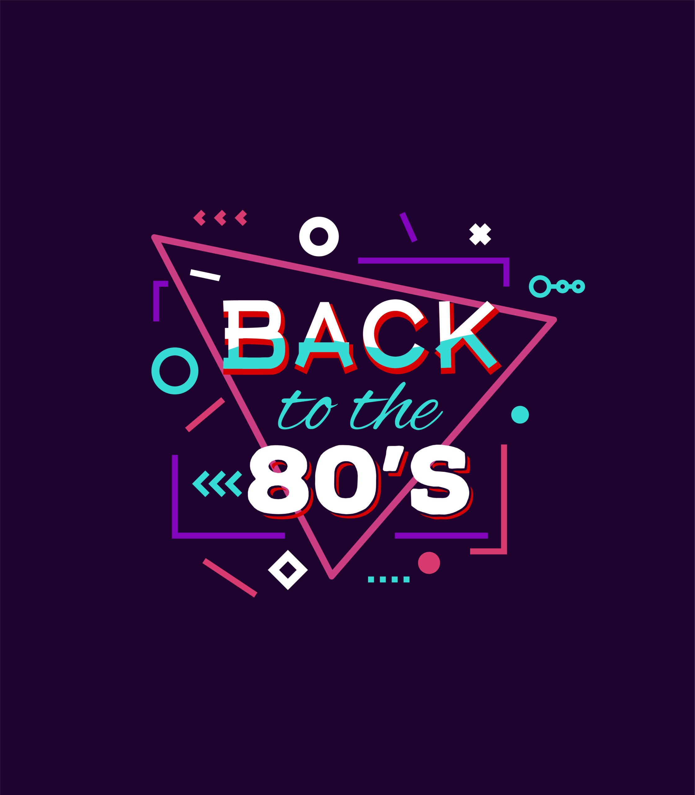 Retro style back to eighties print for T-shirt or other uses. Vintage neon 80's or 90's text. Purple and pink colors, abstract shapes.
