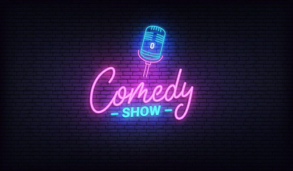 Comedy show neon template. Comedy lettering and glowing neon microphone.