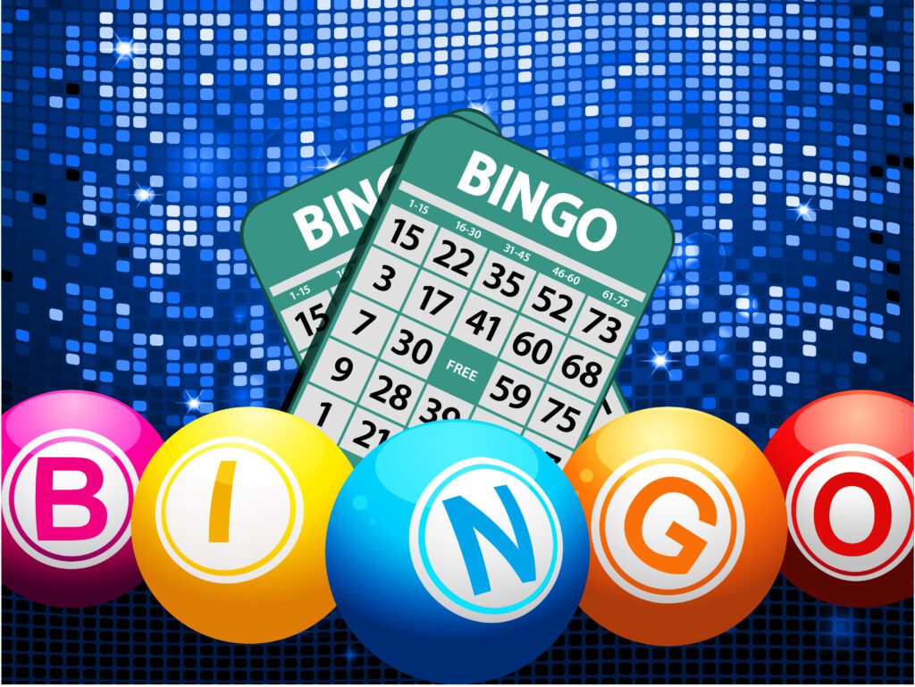 Bingo Balls Composing the Word Bingo and Cards Over Glowing Blue Mosaic Background