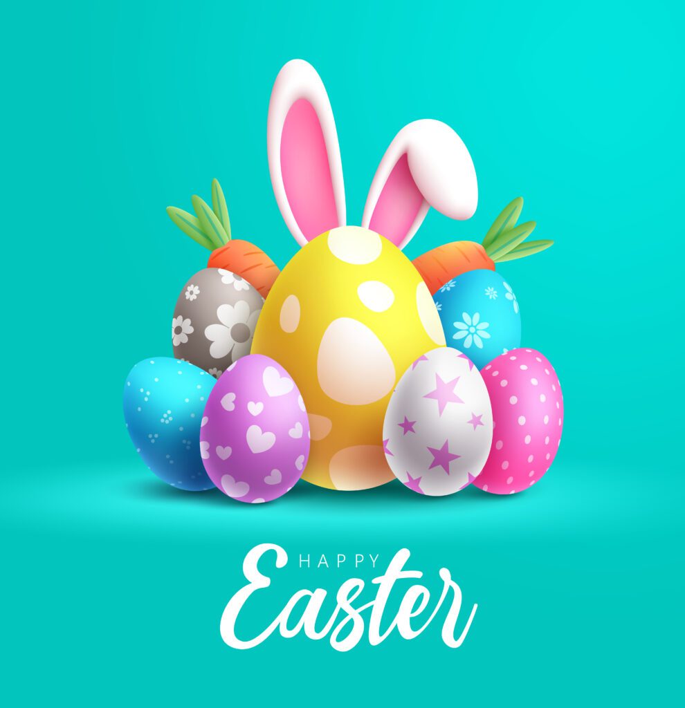 Happy easter day vector design. Holiday easter with pattern colorful eggs and bunny ears elements for greeting and invitation card.