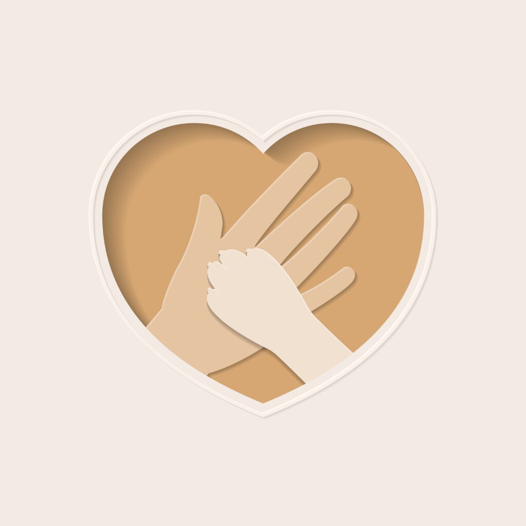 Big hand of human holding paw of dog, in brown heart shaped frame paper art greeting card