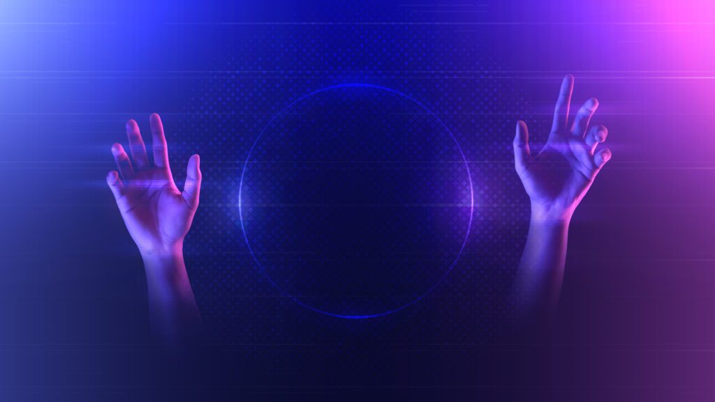 Hand touch metaverse technology futuristic digital connection background of virtual reality cyberpunk online future world innovation cyber network and hologram imagination experience.